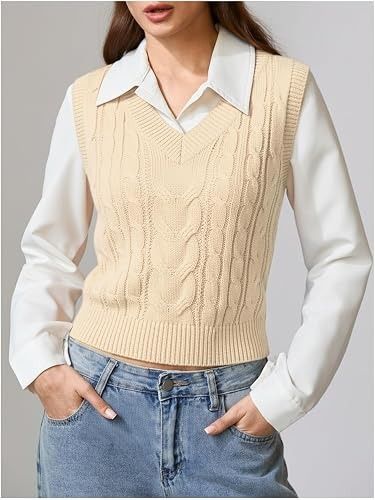 Beige Cable Knit Sleeveless Sweater Vest image 3