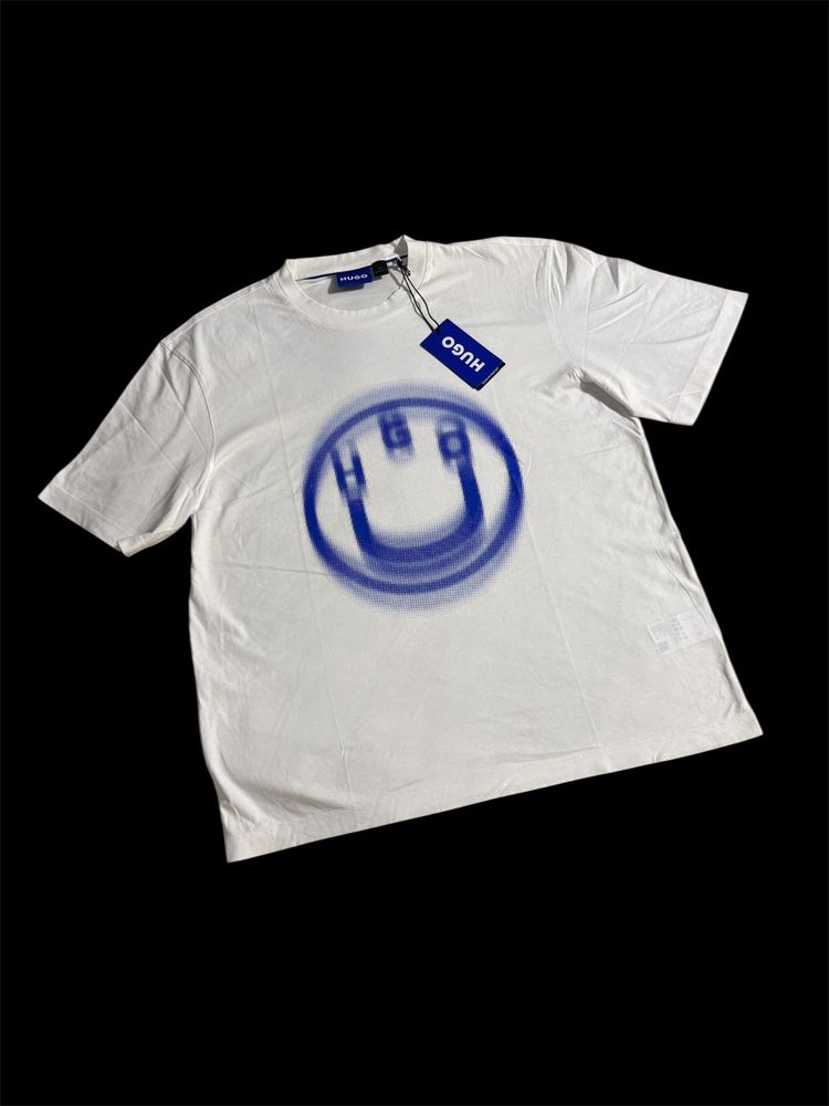 Hugo White T-Shirt With Blue Smiley Face Print