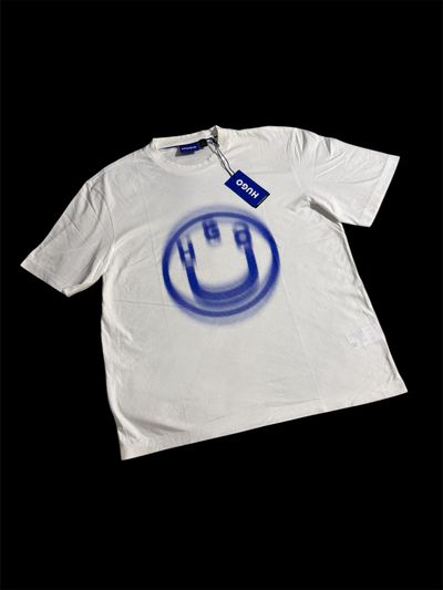 Hugo White T-Shirt With Blue Smiley Face Print