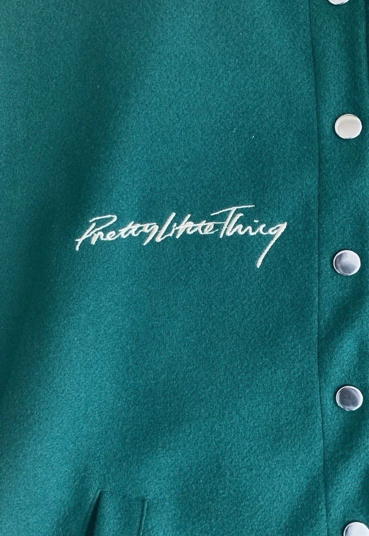 PrettyLittleThing Green Varsity Bomber Jacket Cream Croc Effect Sleeves UK 10 3