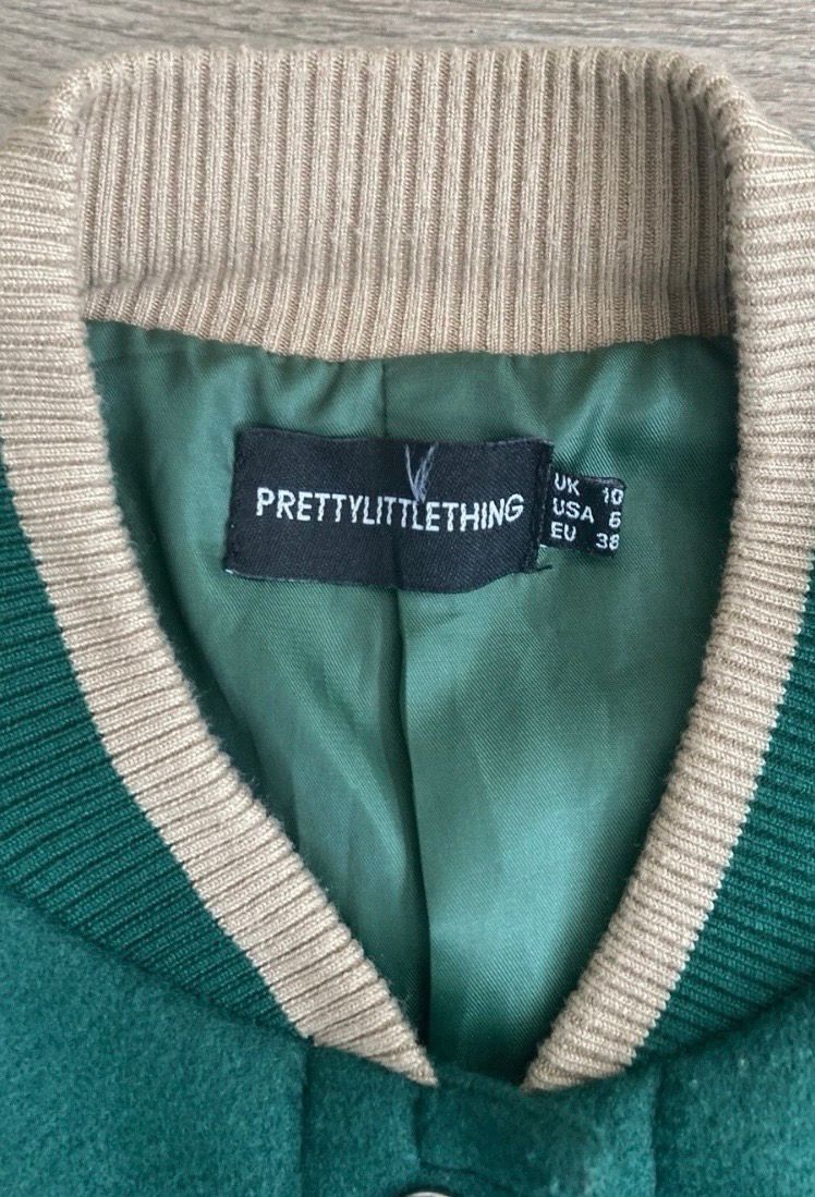 PrettyLittleThing Green Varsity Bomber Jacket Cream Croc Effect Sleeves UK 10 4