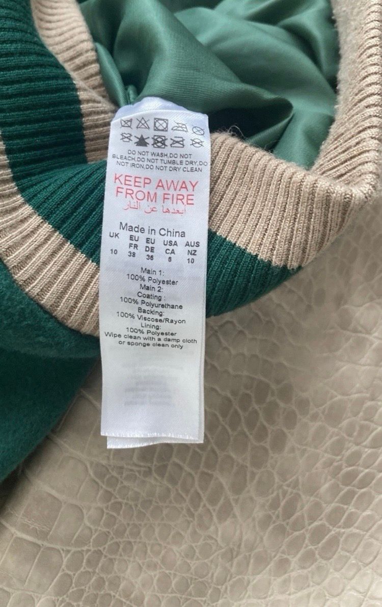 PrettyLittleThing Green Varsity Bomber Jacket Cream Croc Effect Sleeves UK 10 10