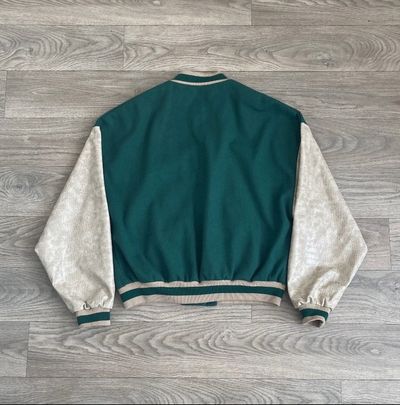 PrettyLittleThing Green Varsity Bomber Jacket Cream Croc Effect Sleeves UK 10 2