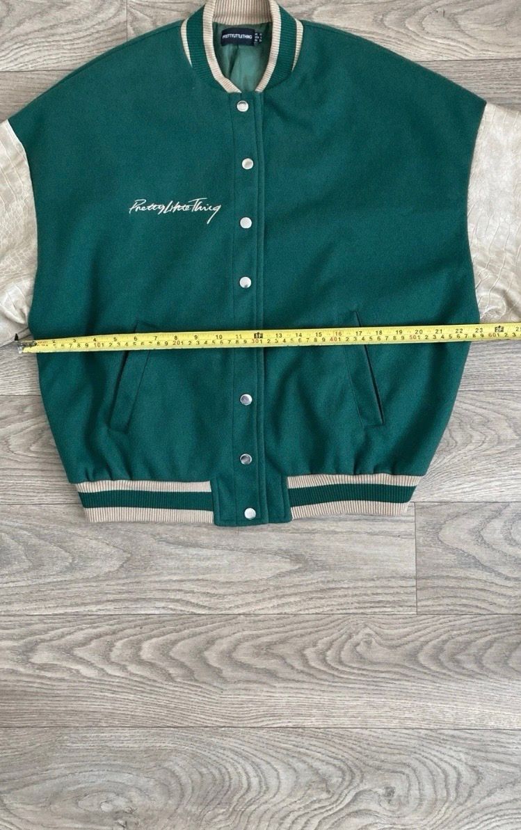 PrettyLittleThing Green Varsity Bomber Jacket Cream Croc Effect Sleeves UK 10 8