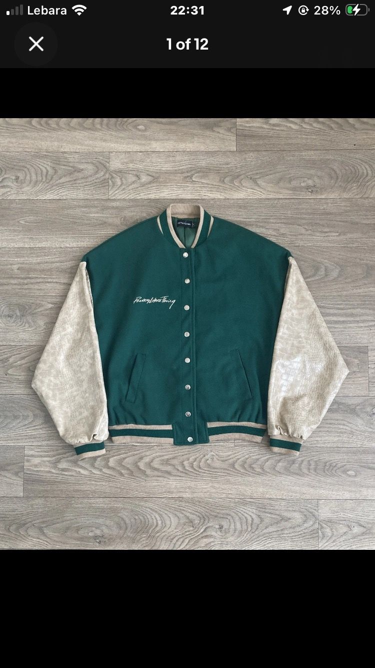 PrettyLittleThing Green Varsity Bomber Jacket Cream Croc Effect Sleeves UK 10