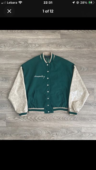 PrettyLittleThing Green Varsity Bomber Jacket Cream Croc Effect Sleeves UK 10