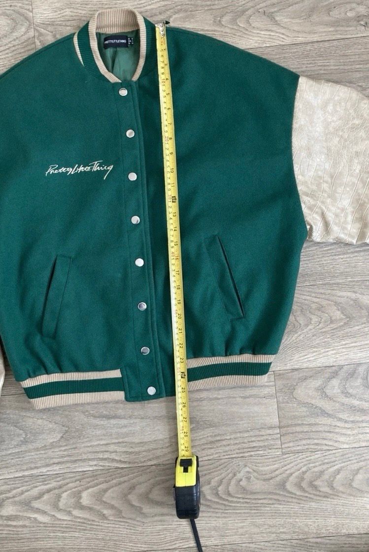 PrettyLittleThing Green Varsity Bomber Jacket Cream Croc Effect Sleeves UK 10 6