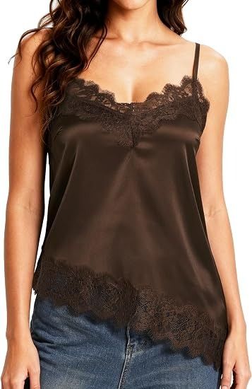 Brown Lace Trim Satin Camisole Top image 1