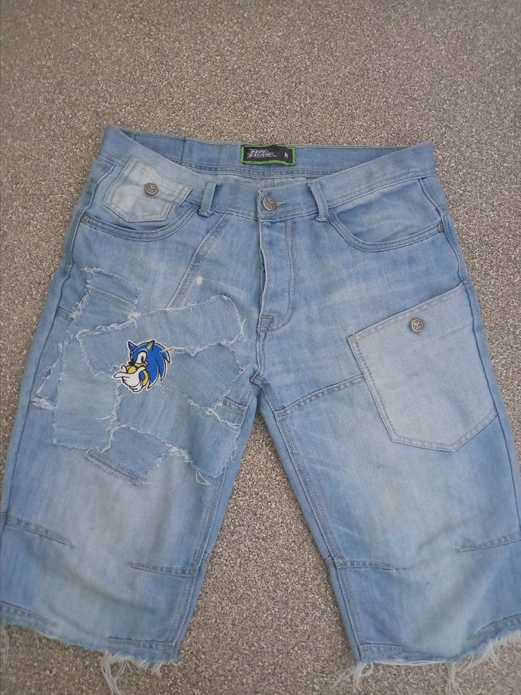 Y2k No Fear Denim Shorts With Sonic Patch