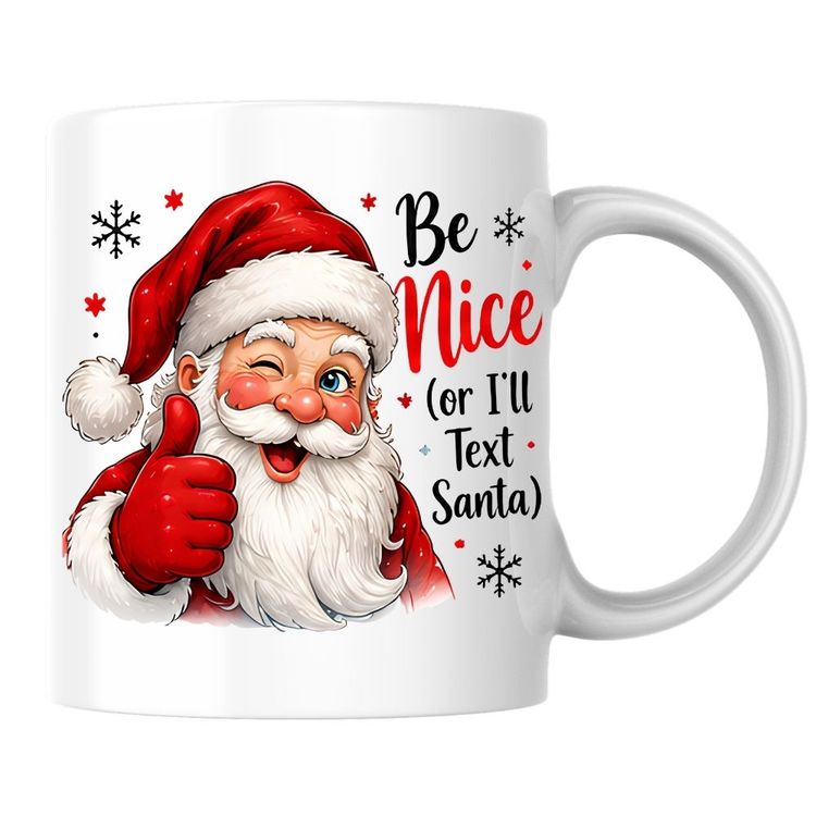 Other Humorous Mug Be Nice (or I'll Text Santa) Winking Santa 325ml Ceramic Coffee Mug – Funny Winter Holiday Tea Cup with Thumbs Up & Snowflakes | Available in Multicolours | Fast Dispatch by UK Seller (M1272) product image