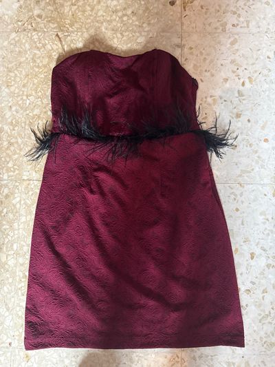 Strapless Burgundy Dress With Black Feather Trim