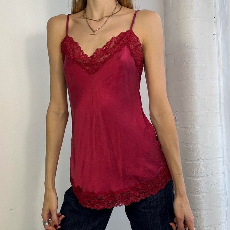 Red Lace Trim Silk Camisole Top