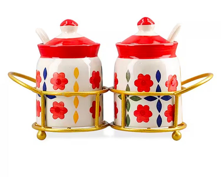 Hand-Painted Ceramic Spice Jars With Stand 6
