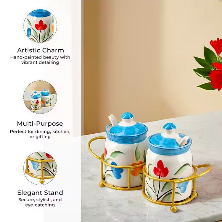 Hand-Painted Ceramic Spice Jars With Stand 2
