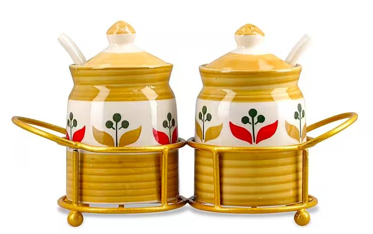 Hand-Painted Ceramic Spice Jars With Stand 5