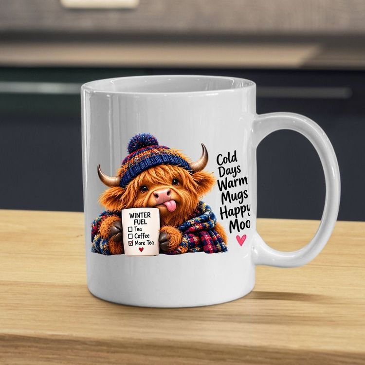 Other Cozy Mug Cold Days Warm Mugs Happy Moo Highland Cow 325ml Ceramic Coffee Mug – Winter Fuel Tea Cup with Knitted Beanie, Scarf & Hearts Gift | Available in Multicolours | Fast Dispatch by UK Seller (M1280) product image