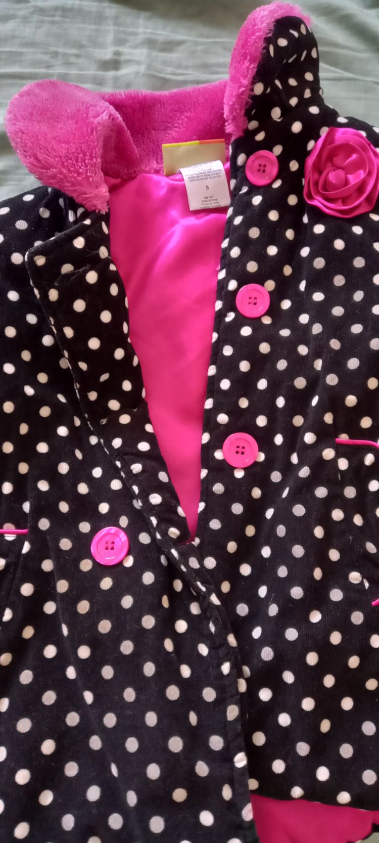 Black And White Polka Dot Coat With Pink Buttons And Lining image 1