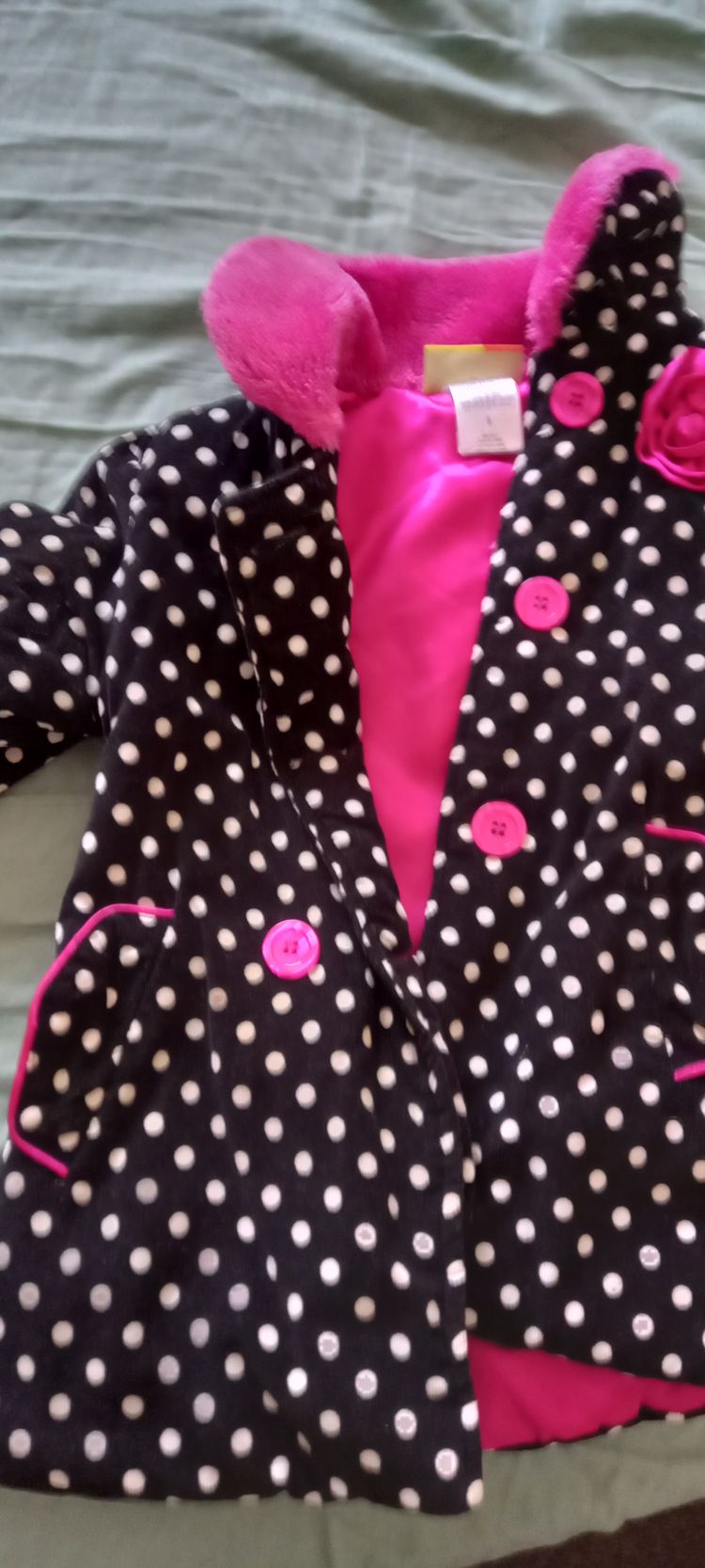 Black And White Polka Dot Coat With Pink Buttons And Lining image 2