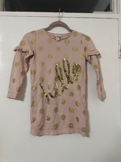 Pink Long Sleeve Dress With Gold Polka Dots And Sequined Text