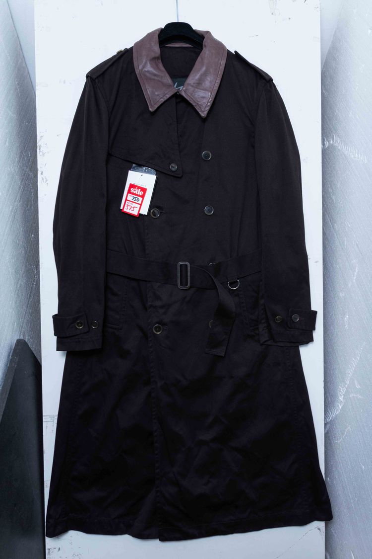 Y's for men Yohji Yamamoto Black Cotton & Leather Collar Double-Breasted Trench Coat