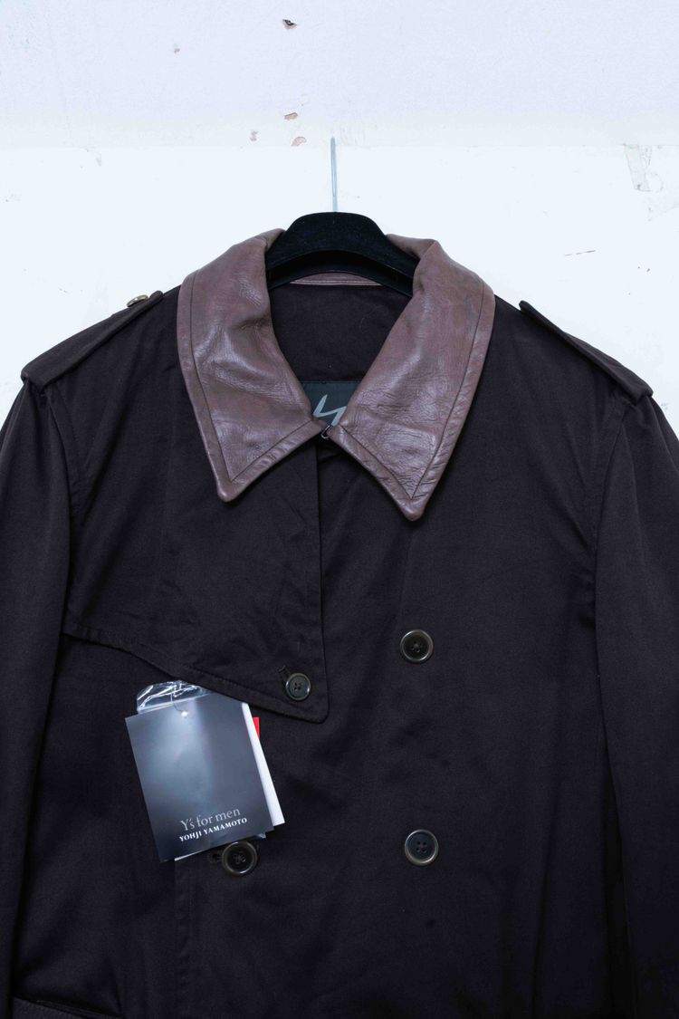 Y's for men Yohji Yamamoto Black Cotton & Leather Collar Double-Breasted Trench Coat imagen 14