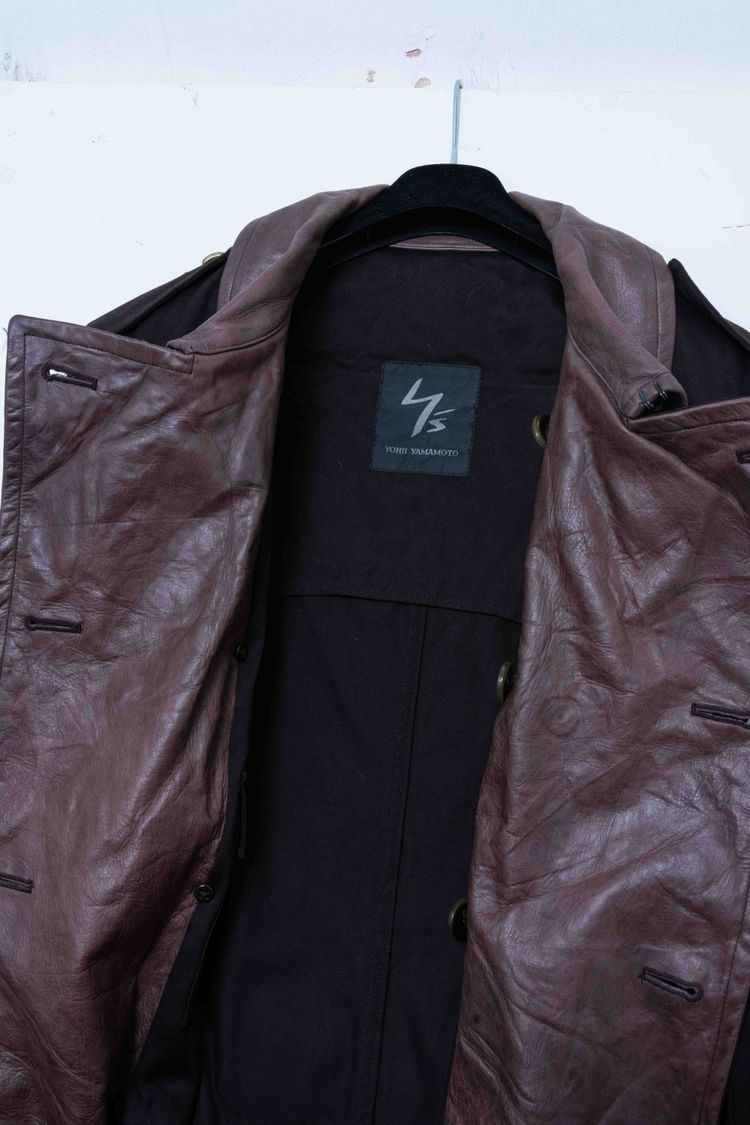 Y's for men Yohji Yamamoto Black Cotton & Leather Collar Double-Breasted Trench Coat imagen 5