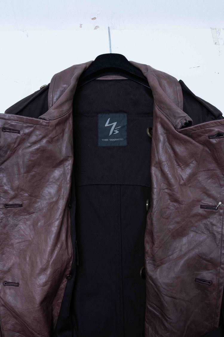 Y's for men Yohji Yamamoto Black Cotton & Leather Collar Double-Breasted Trench Coat imagen 7