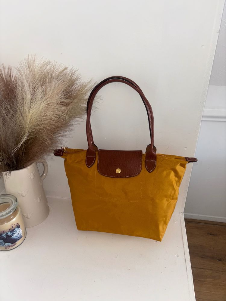 Yellow Mustard Tote Bag With Brown Leather Handles And Flap