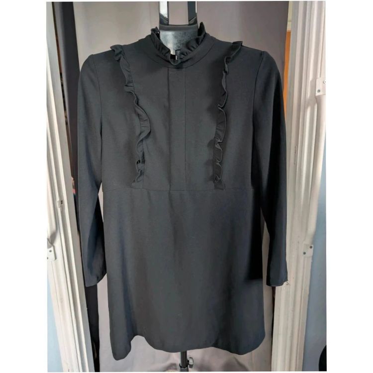 Zara Woman Black Ruffle High Neck Gothic Mini Dress imagen 1