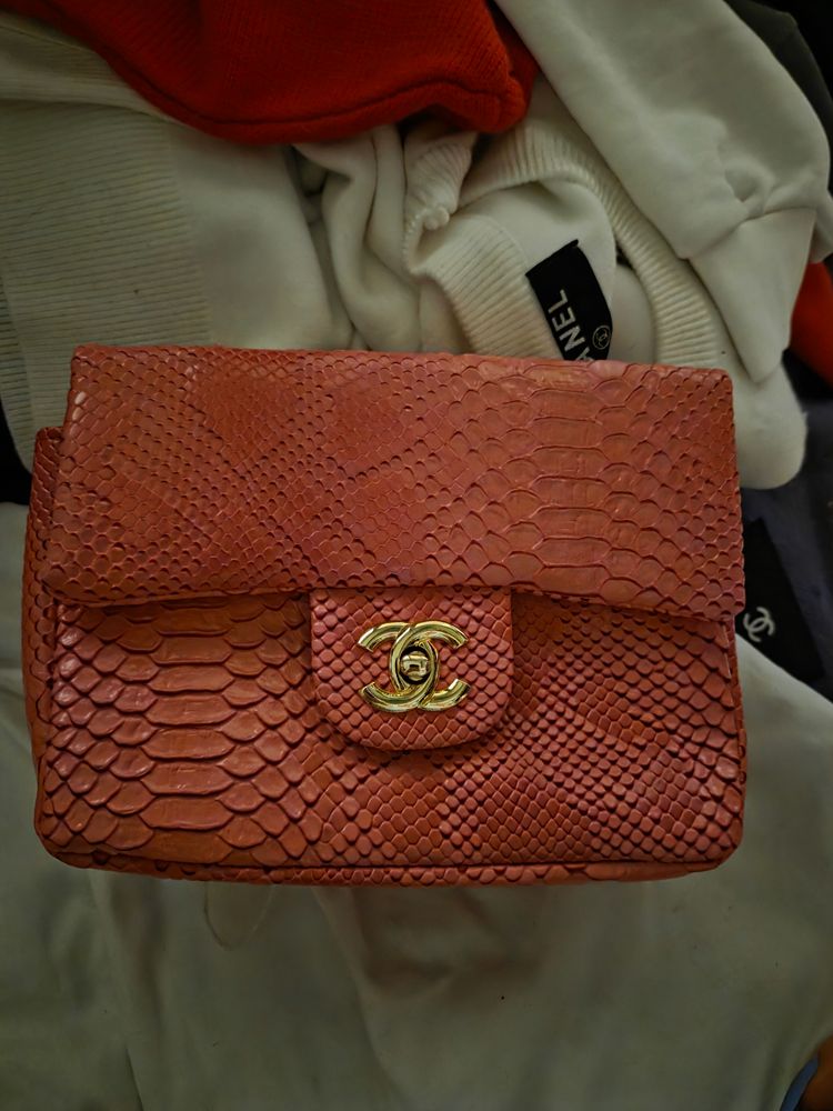 Cc pink Snakeskin Leather Handbag