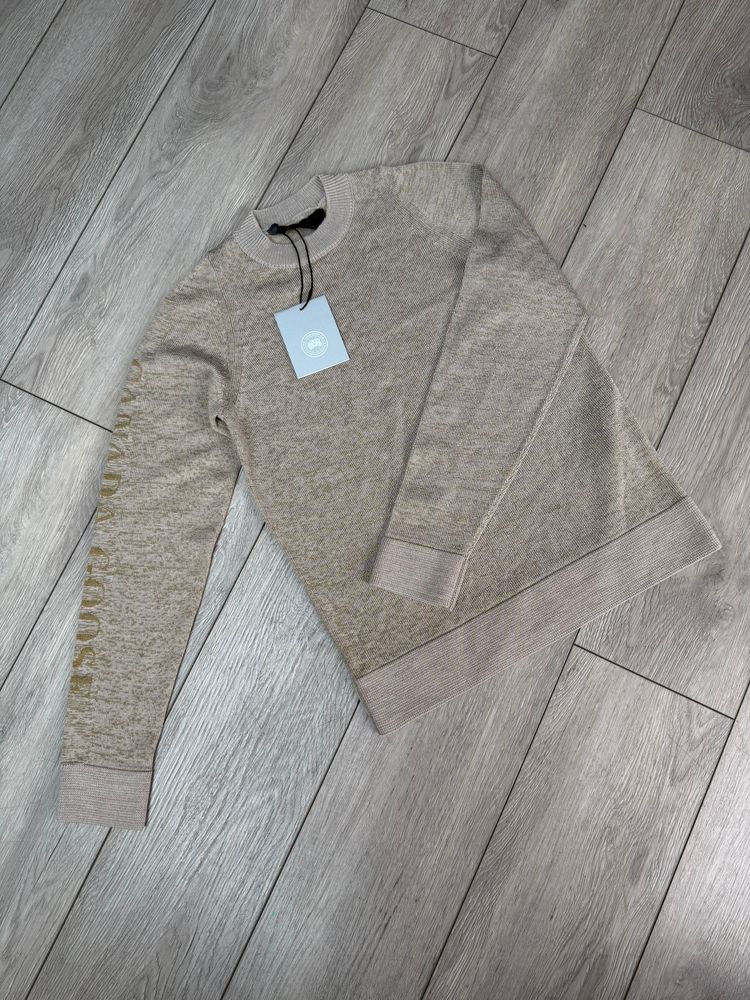 Canada Goose Womens Knit Crewneck Saturna Wordmark Reflective Tan Gold