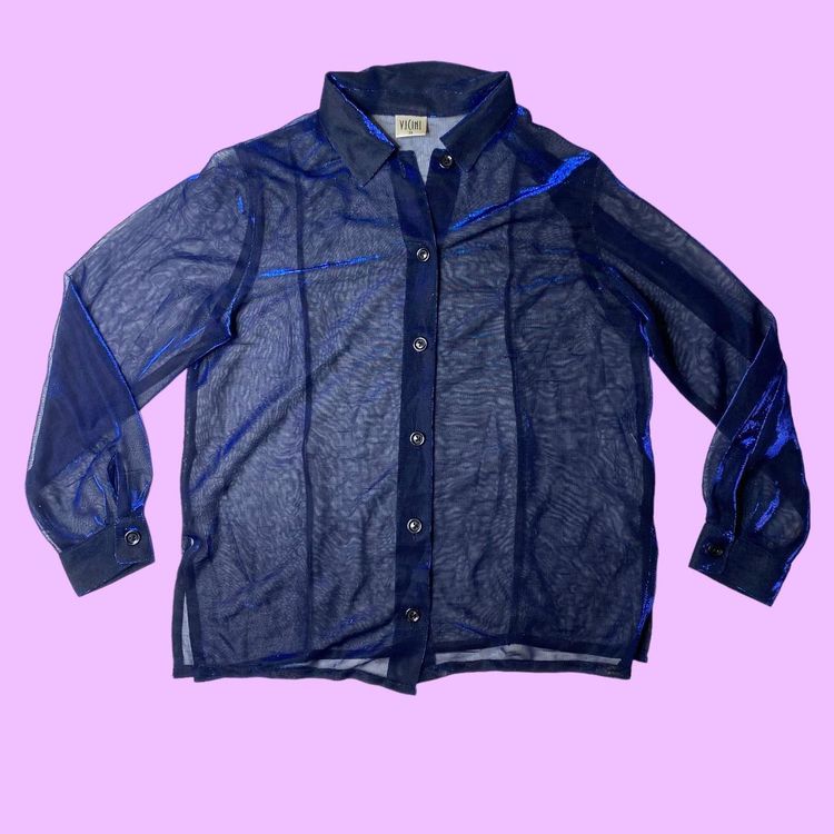 90s 00s blue iridescent micro mesh button up shirt   2