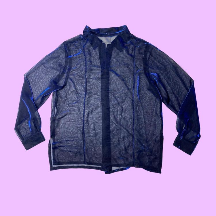 90s 00s blue iridescent micro mesh button up shirt   3