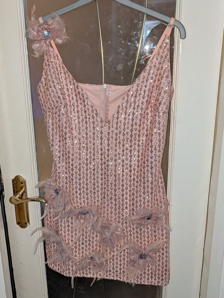 Pink Sequin Mini Dress With Feather Details- Custom Made Size 6-8