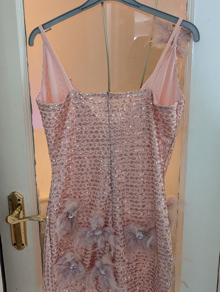 Pink Sequin Mini Dress With Feather Details- Custom Made Size 6-8 image 7