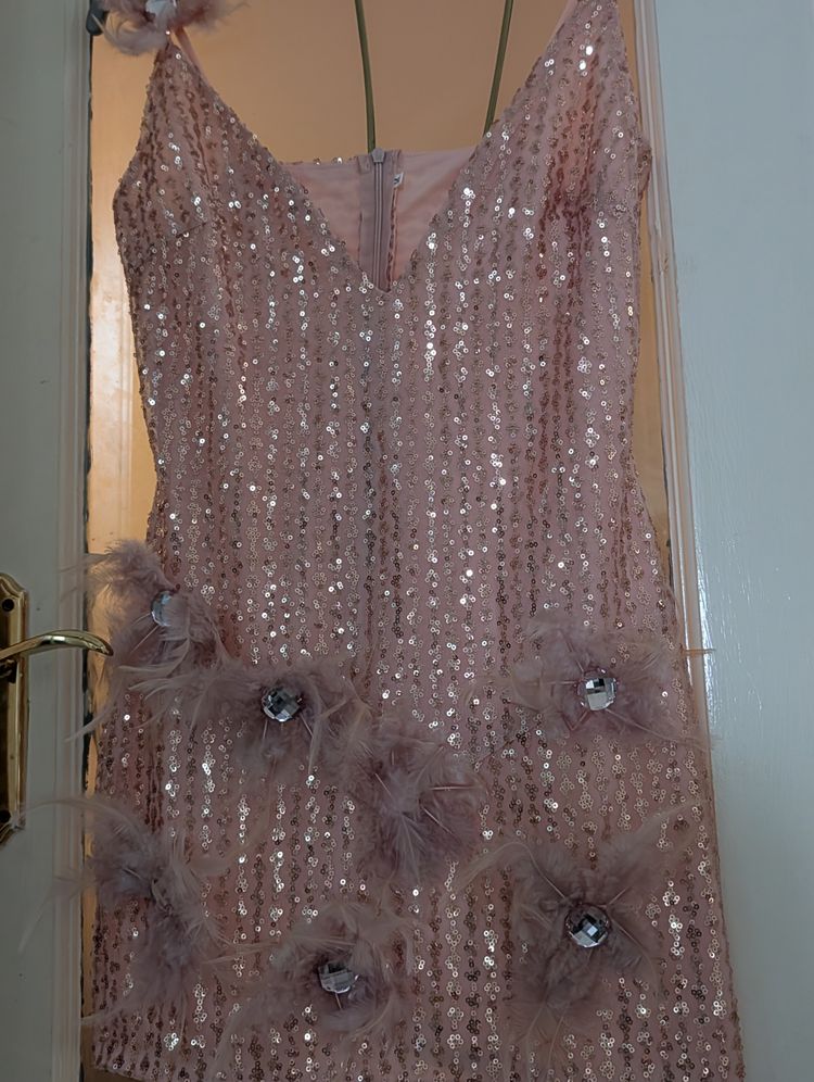 Pink Sequin Mini Dress With Feather Details- Custom Made Size 6-8 image 5