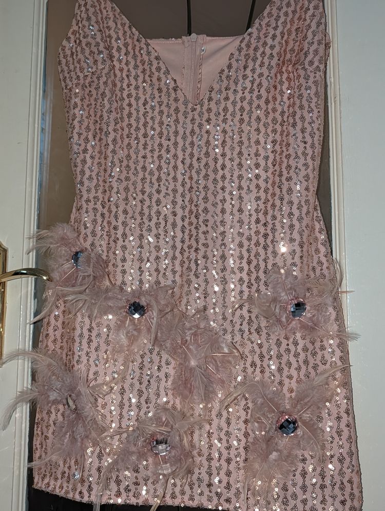 Pink Sequin Mini Dress With Feather Details- Custom Made Size 6-8 image 4