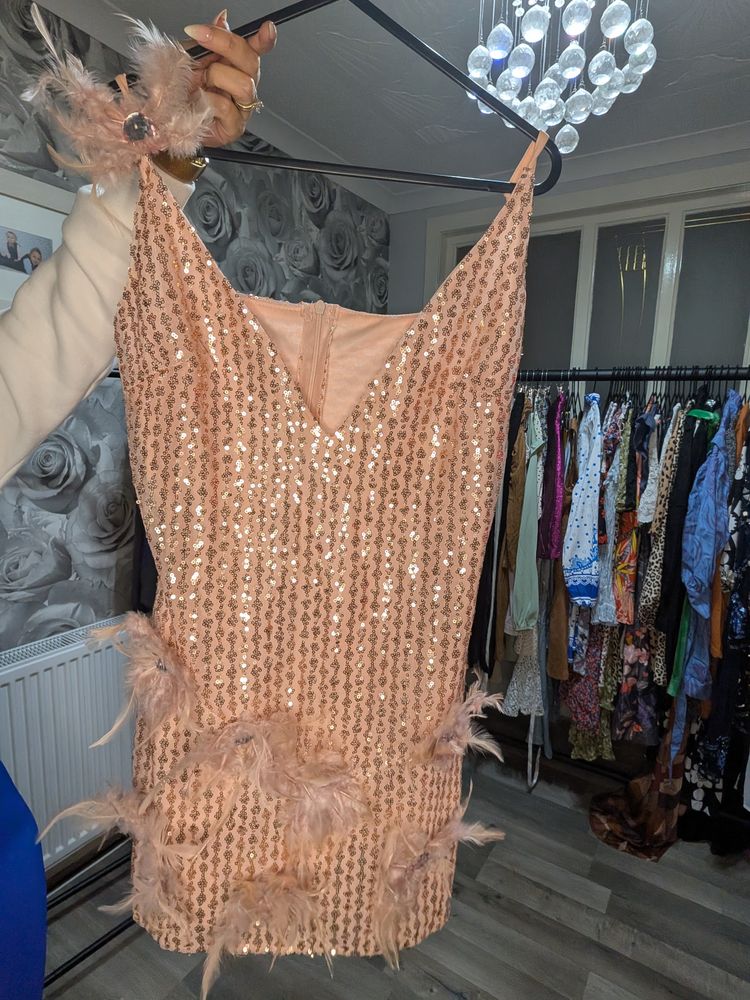 Pink Sequin Mini Dress With Feather Details- Custom Made Size 6-8 image 2