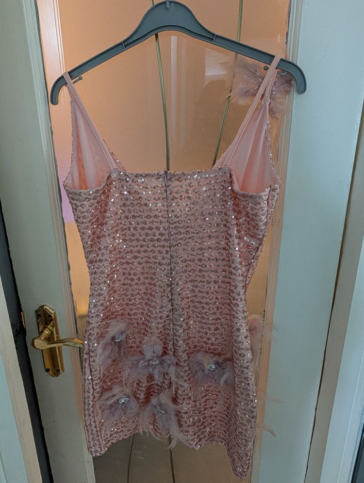 Pink Sequin Mini Dress With Feather Details- Custom Made Size 6-8 image 6