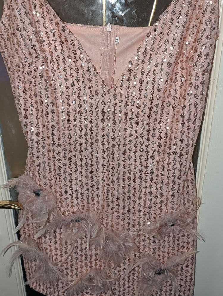Pink Sequin Mini Dress With Feather Details- Custom Made Size 6-8 image 3