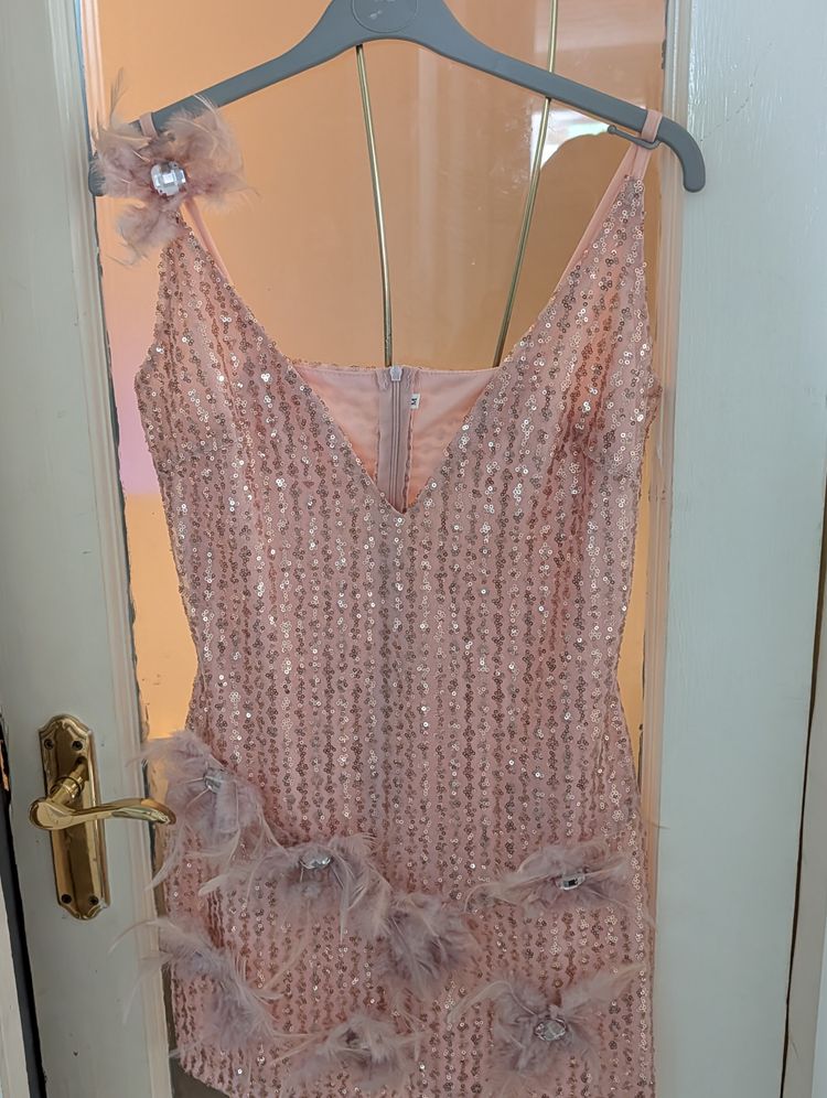 Pink Sequin Mini Dress With Feather Details- Custom Made Size 6-8 image 8