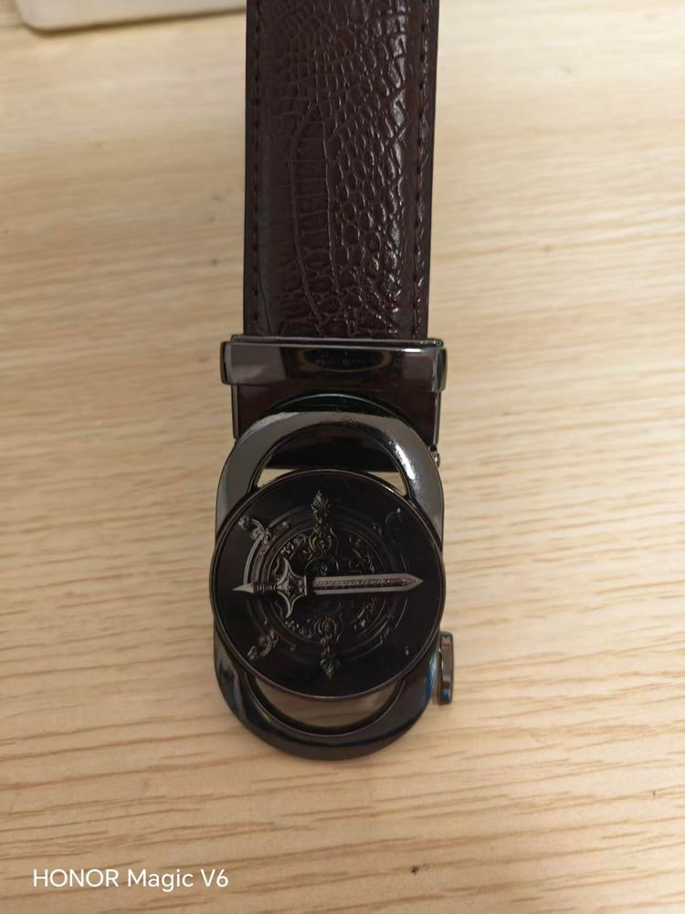Brown Leather Belt With Sword Emblem Buckle image 1