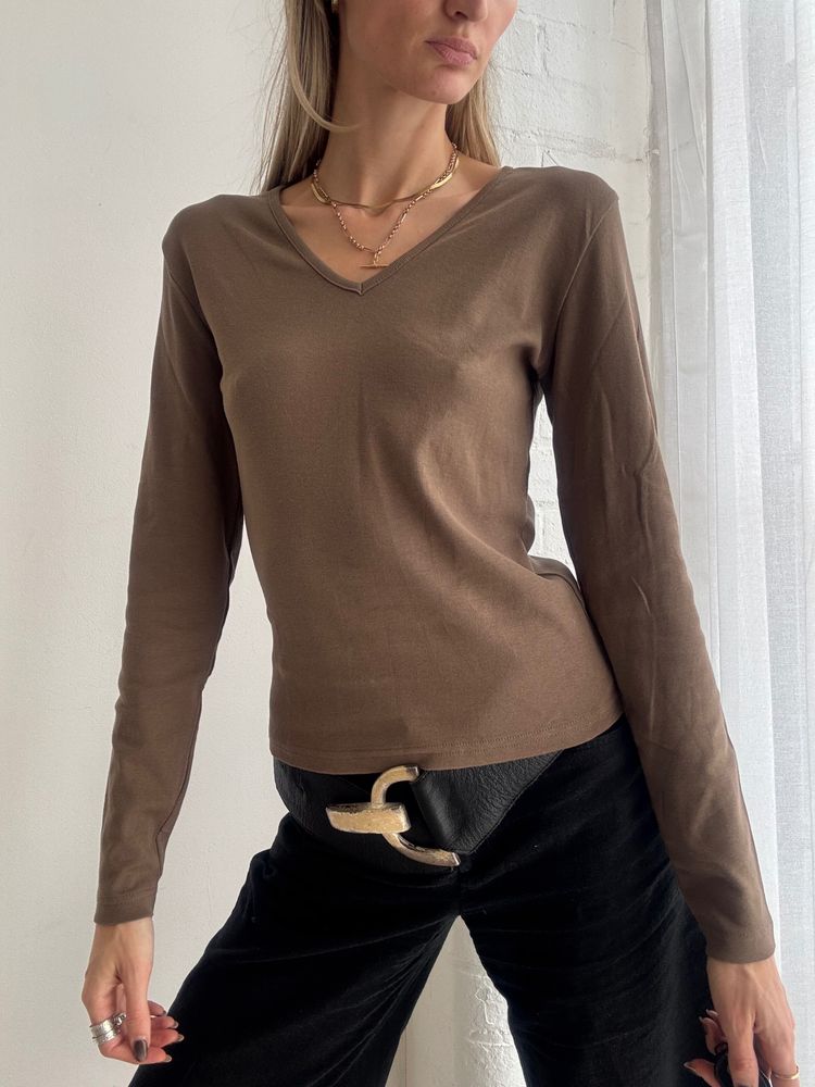 Brown Long Sleeve V-Neck Top