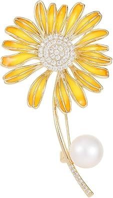 Yellow Flower Brooch With Pearl And Rhinestones image 1