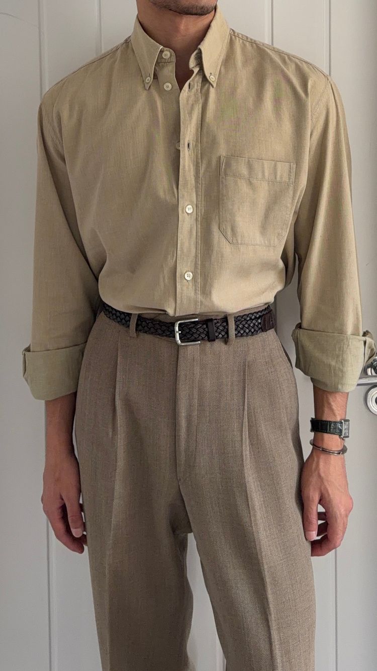Valentino 1980s Slub Cotton Shirt Taupe Beige - Size L image 1