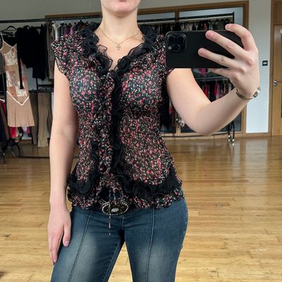 Black And Red Mesh Floral Ruffle Blouse