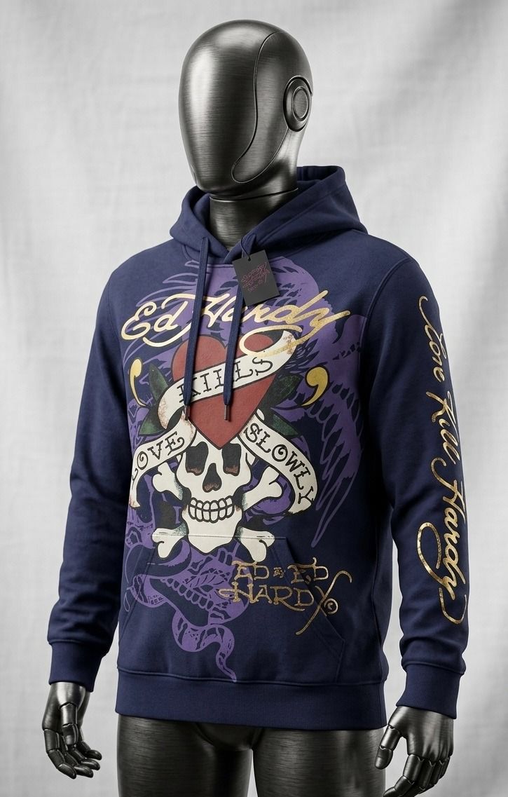 Ed Hardy Navy Hoodie With Skull And Heart Graphic