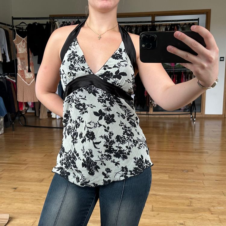 Y2K Black And White Mesh Floral Halter Top