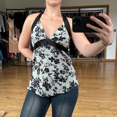 Y2K Black And White Mesh Floral Halter Top