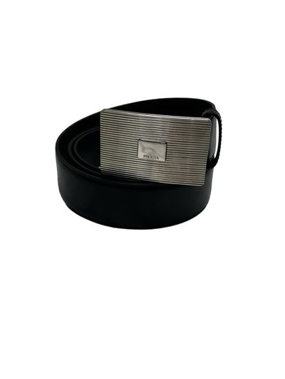 Prada Black Polished Calfskin Leather Belt With Laser Etched Shield Buckle 1